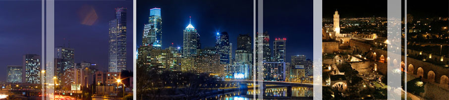 Skylines of Tel-Aviv, Philadelphia, and Jerusalem